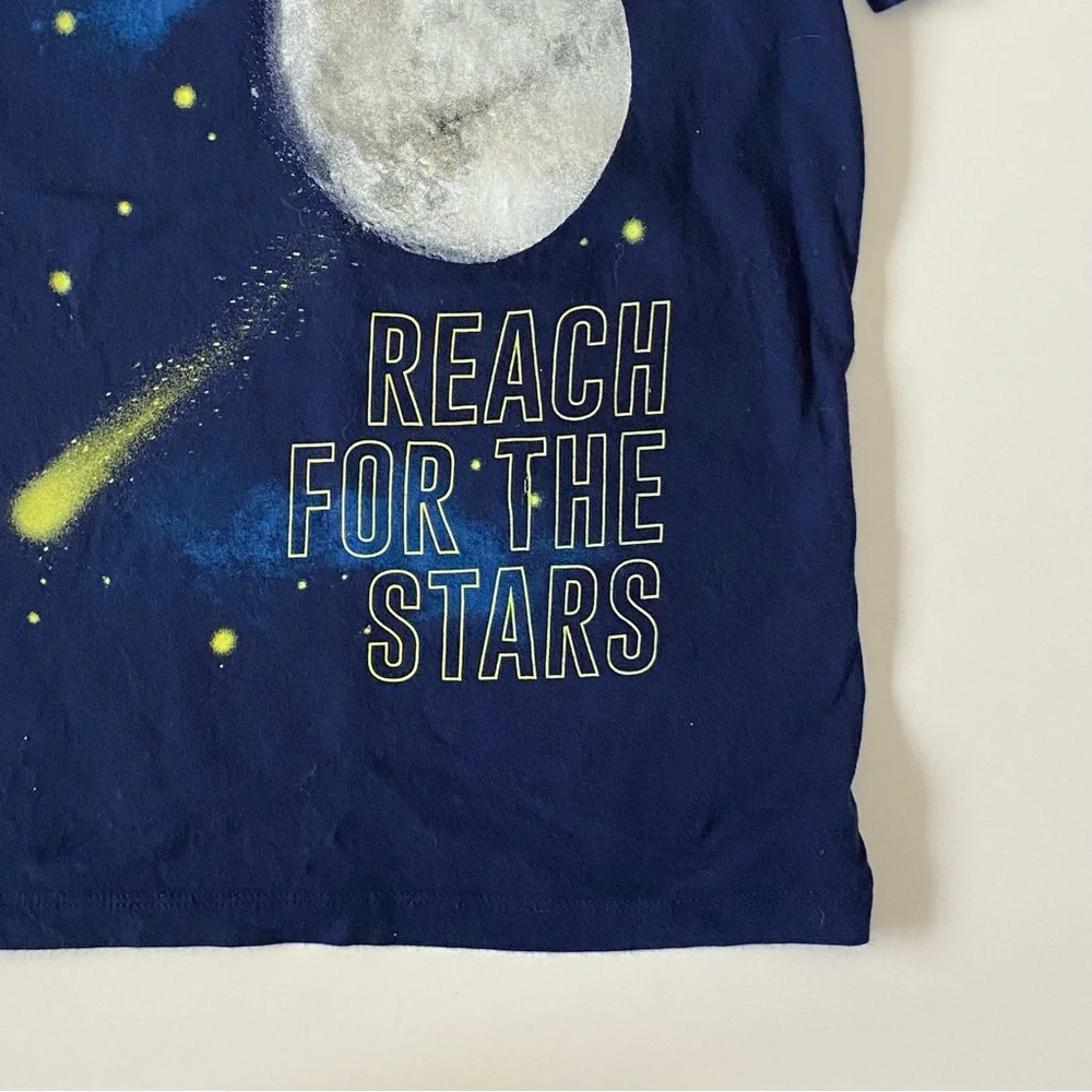 Lands’ End Space Shirt Size 5 6 Medium Navy Blue Short Sleeve planets moon stars